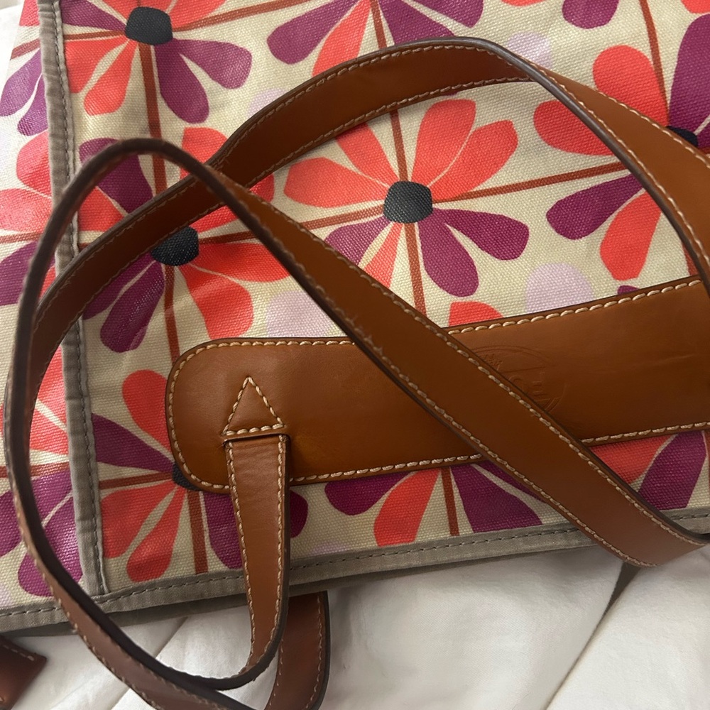 Fossil Floral Canvas Patterned Tote Bag Shoulder Genuine Leather Fully Restored